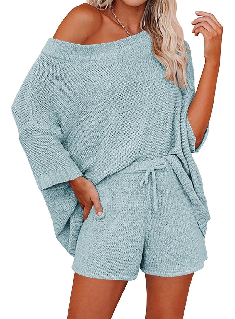 Ermonn Womens Long Sleeve Pajama Set Off Shoulder Knit Tops and Shorts Sleepwear Loungewear Boho Sweater Sets Sky Blue - Image 1